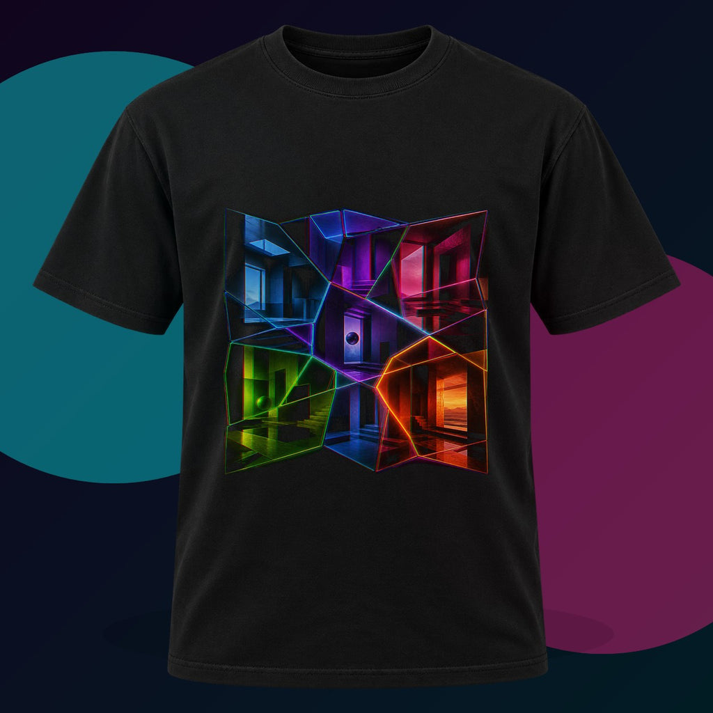 Memory Lattice original KOSVYRE design on a black graphic tee with cyan and violet studio lighting
