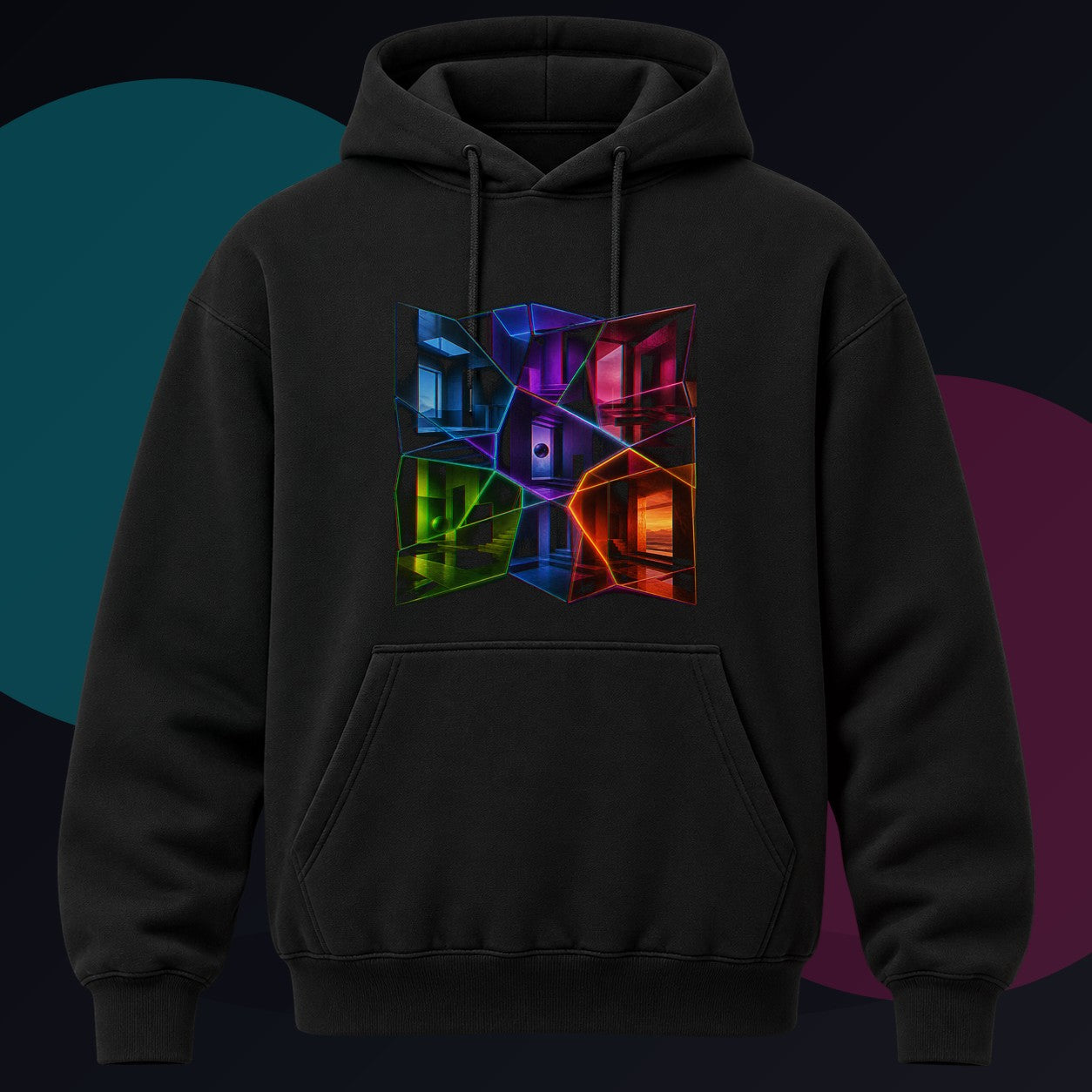 Memory Lattice original KOSVYRE design on a black hoodie against a graphite studio background