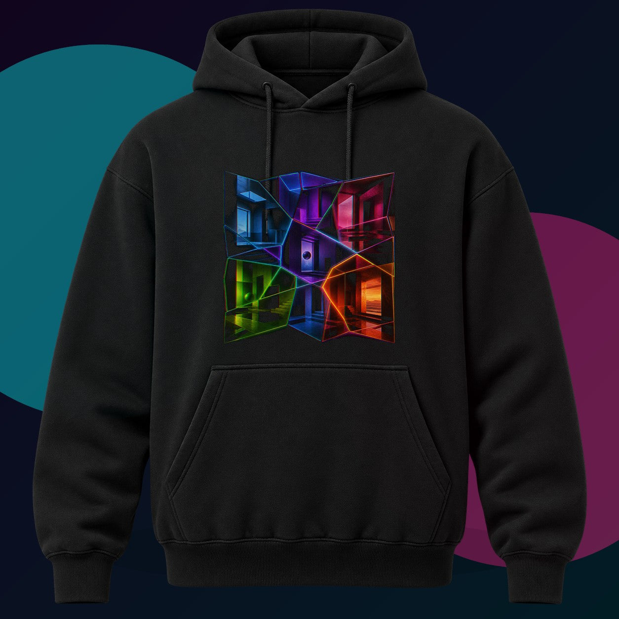 Memory Lattice original KOSVYRE design on a black hoodie with cyan and violet studio lighting