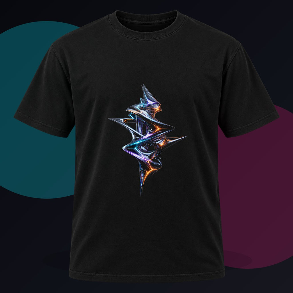 Mercurial Drift Spindle original KOSVYRE design on a black graphic tee against a graphite studio background