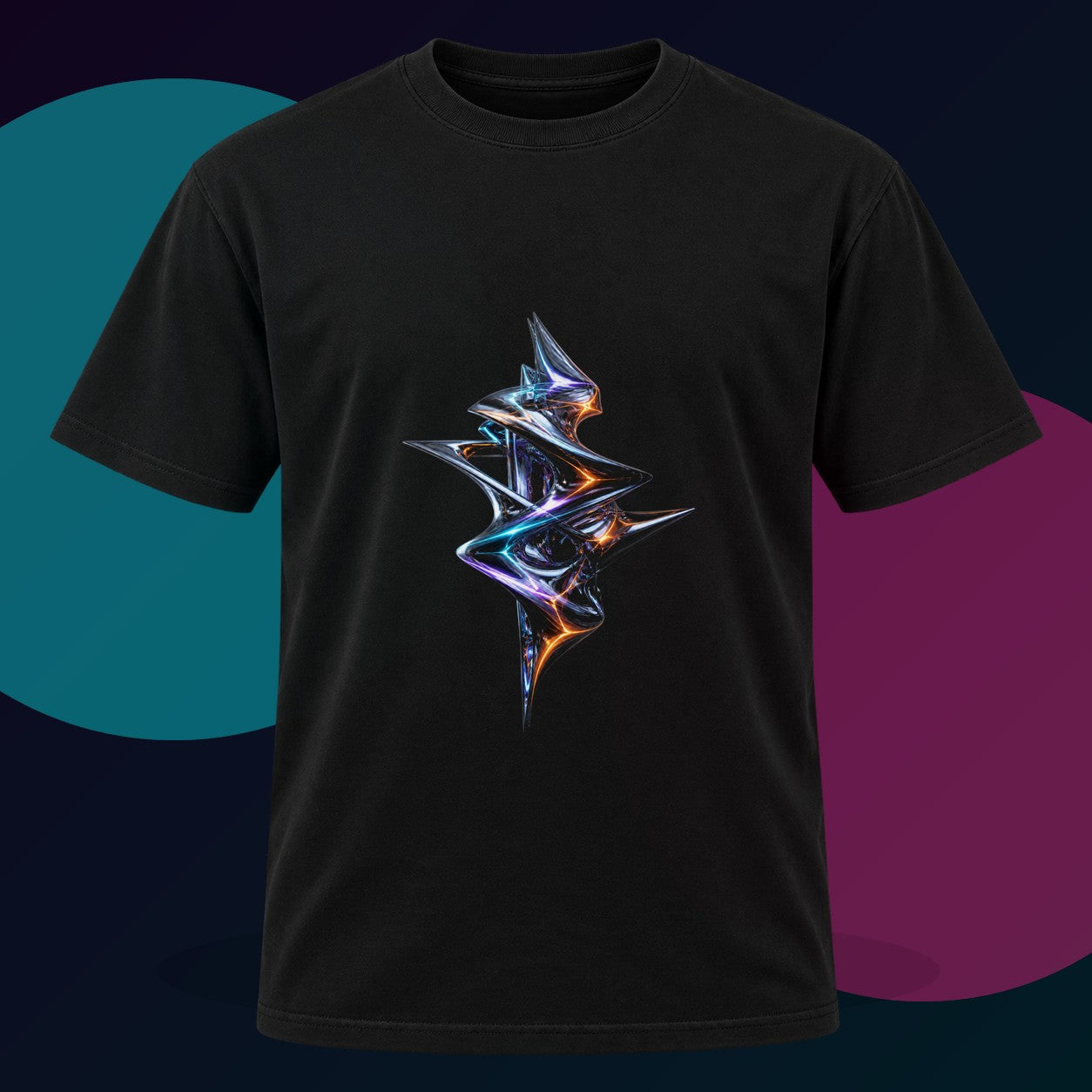 Mercurial Drift Spindle original KOSVYRE design on a black graphic tee with cyan and violet studio lighting