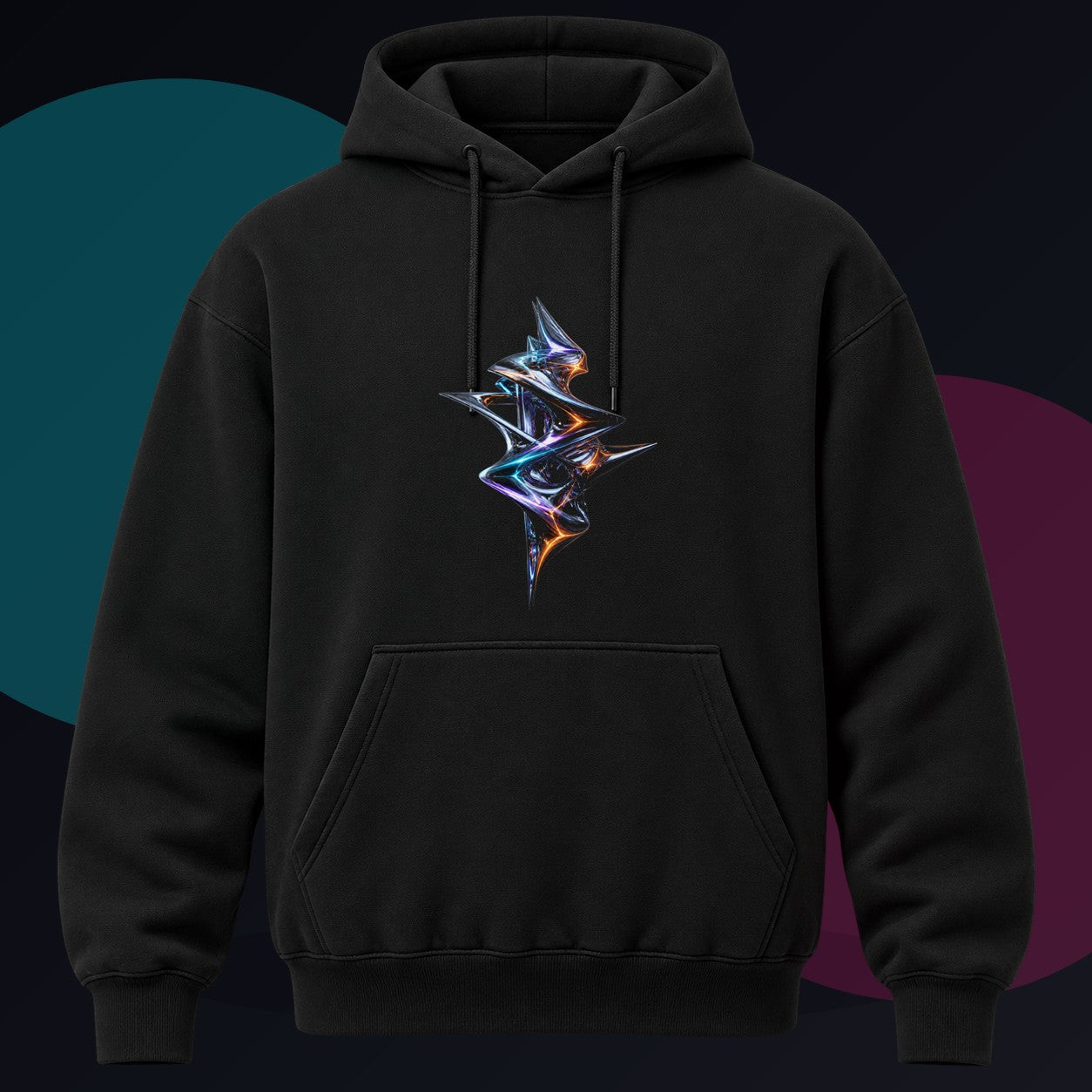 Mercurial Drift Spindle original KOSVYRE design on a black hoodie against a graphite studio background