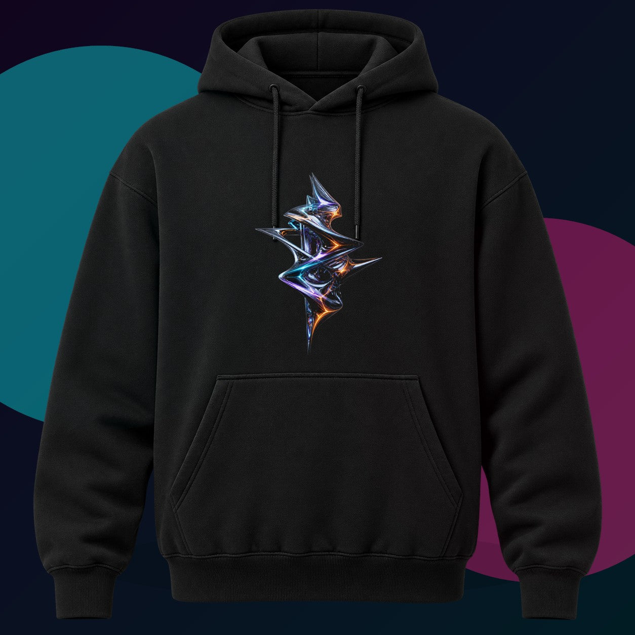 Mercurial Drift Spindle original KOSVYRE design on a black hoodie with cyan and violet studio lighting