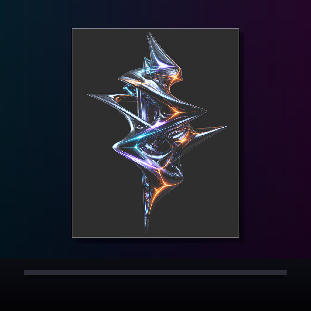 Mercurial Drift Spindle original KOSVYRE poster displayed in a dark psychedelic gallery setting