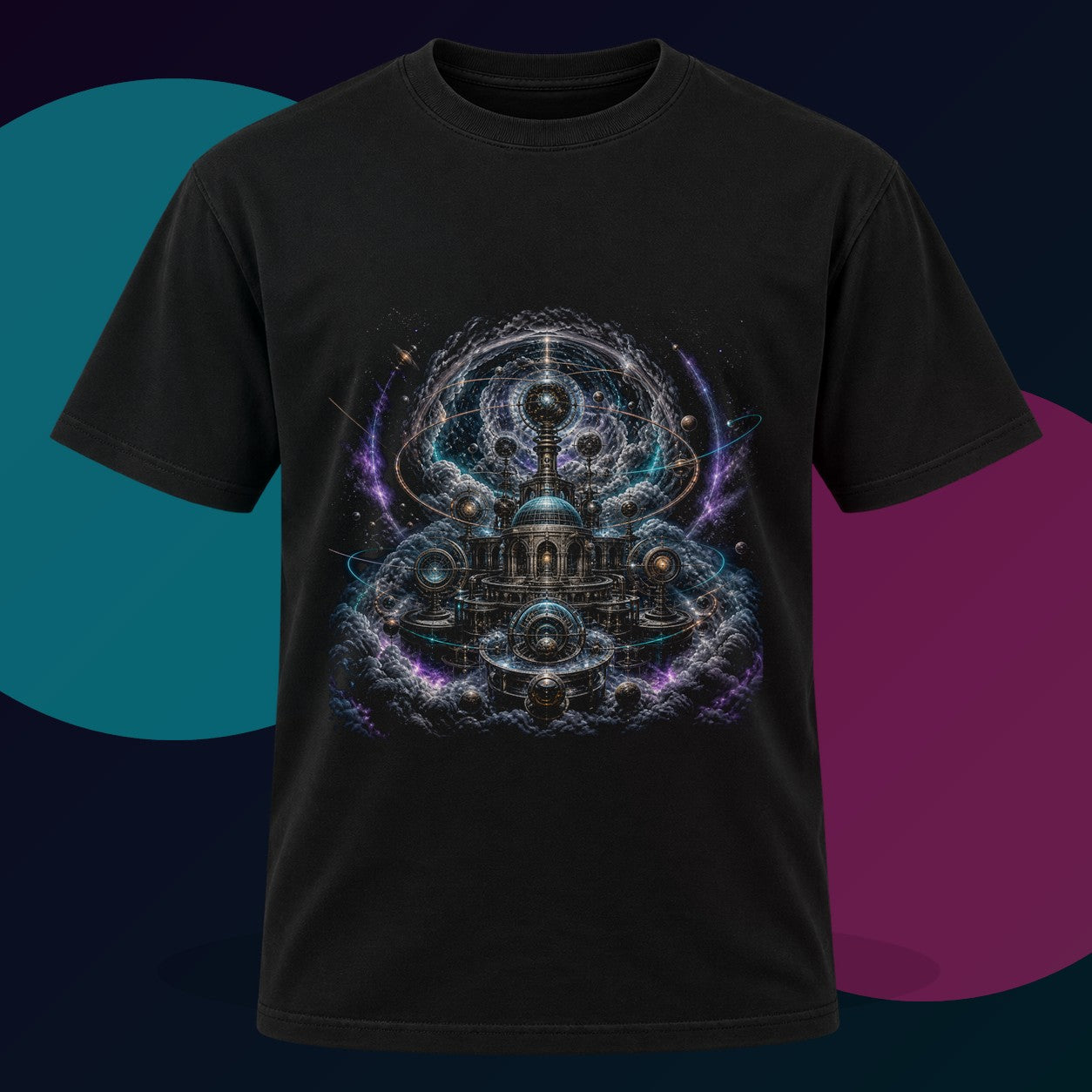 Mercury Weather Station original KOSVYRE design on a black graphic tee with cyan and violet studio lighting