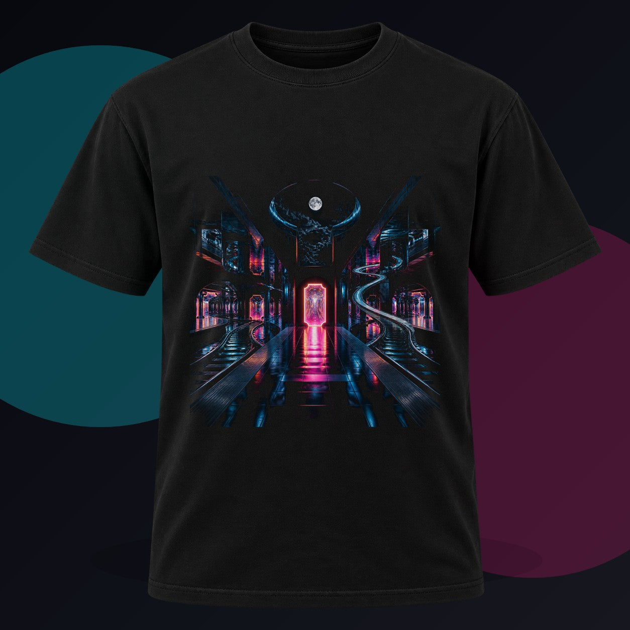 Midnight Transit of Mirrors original KOSVYRE design on a black graphic tee against a graphite studio background