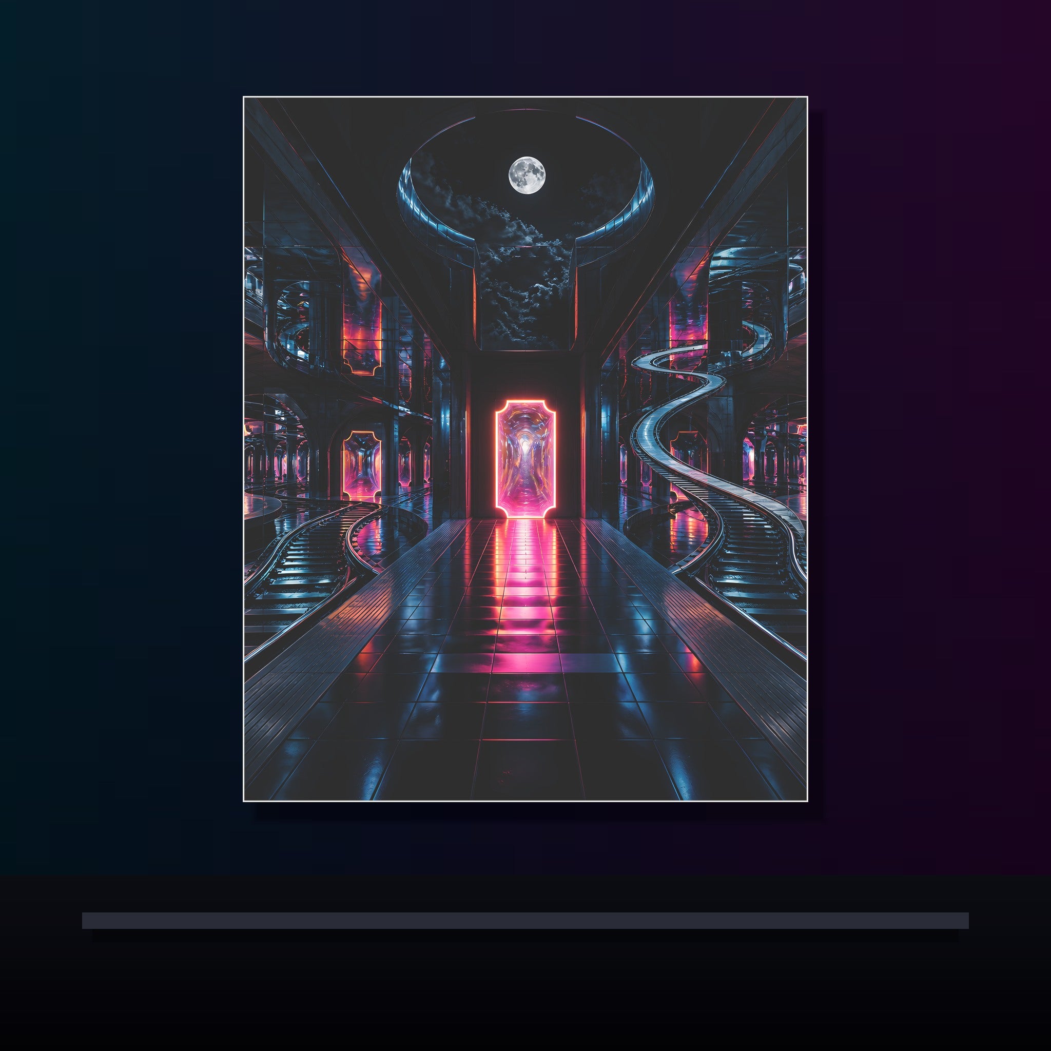 Midnight Transit of Mirrors original KOSVYRE poster displayed in a dark psychedelic gallery setting