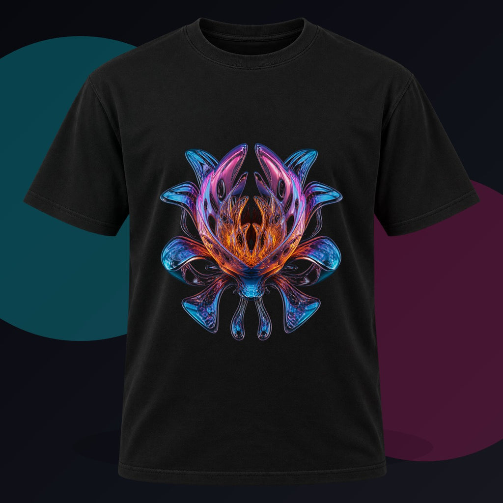 Mirror Cartilage Bloom original KOSVYRE design on a black graphic tee against a graphite studio background