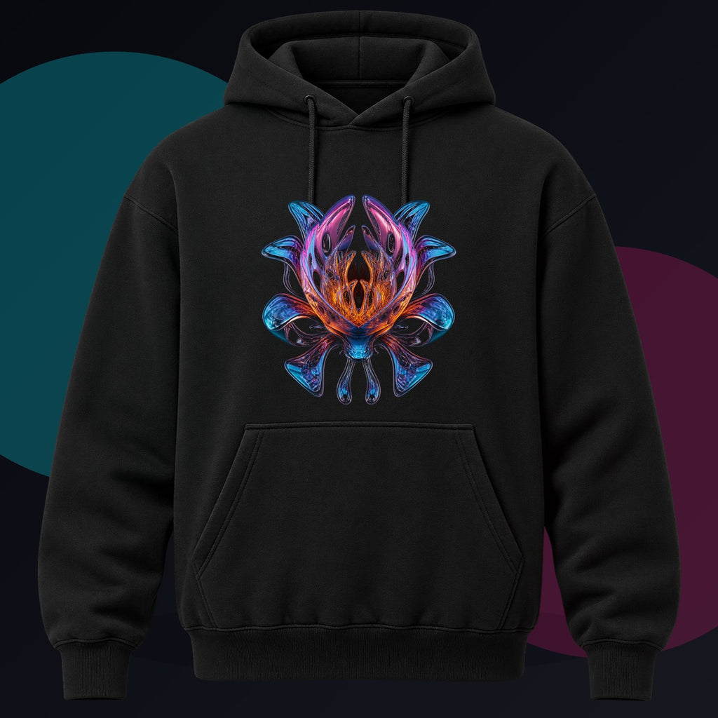 Mirror Cartilage Bloom original KOSVYRE design on a black hoodie against a graphite studio background