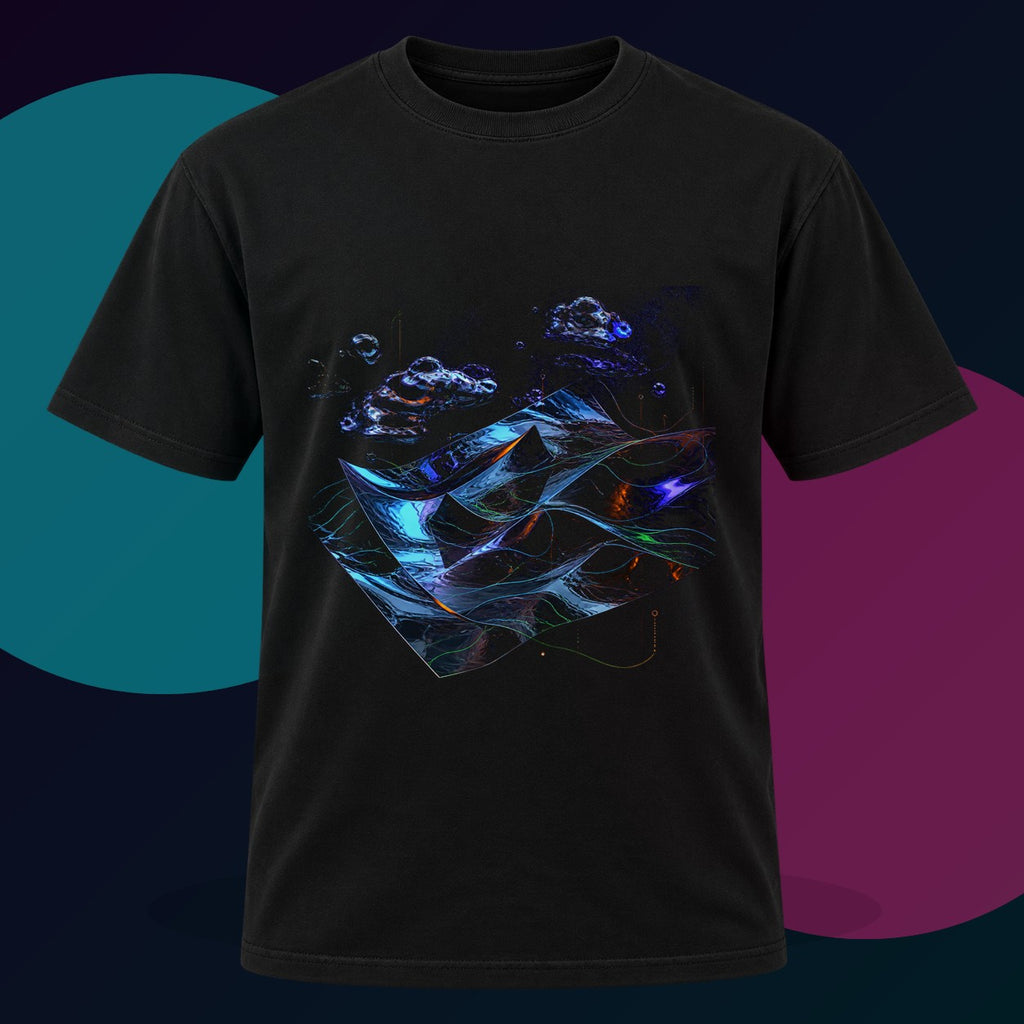 Mirror Weather original KOSVYRE design on a black graphic tee with cyan and violet studio lighting
