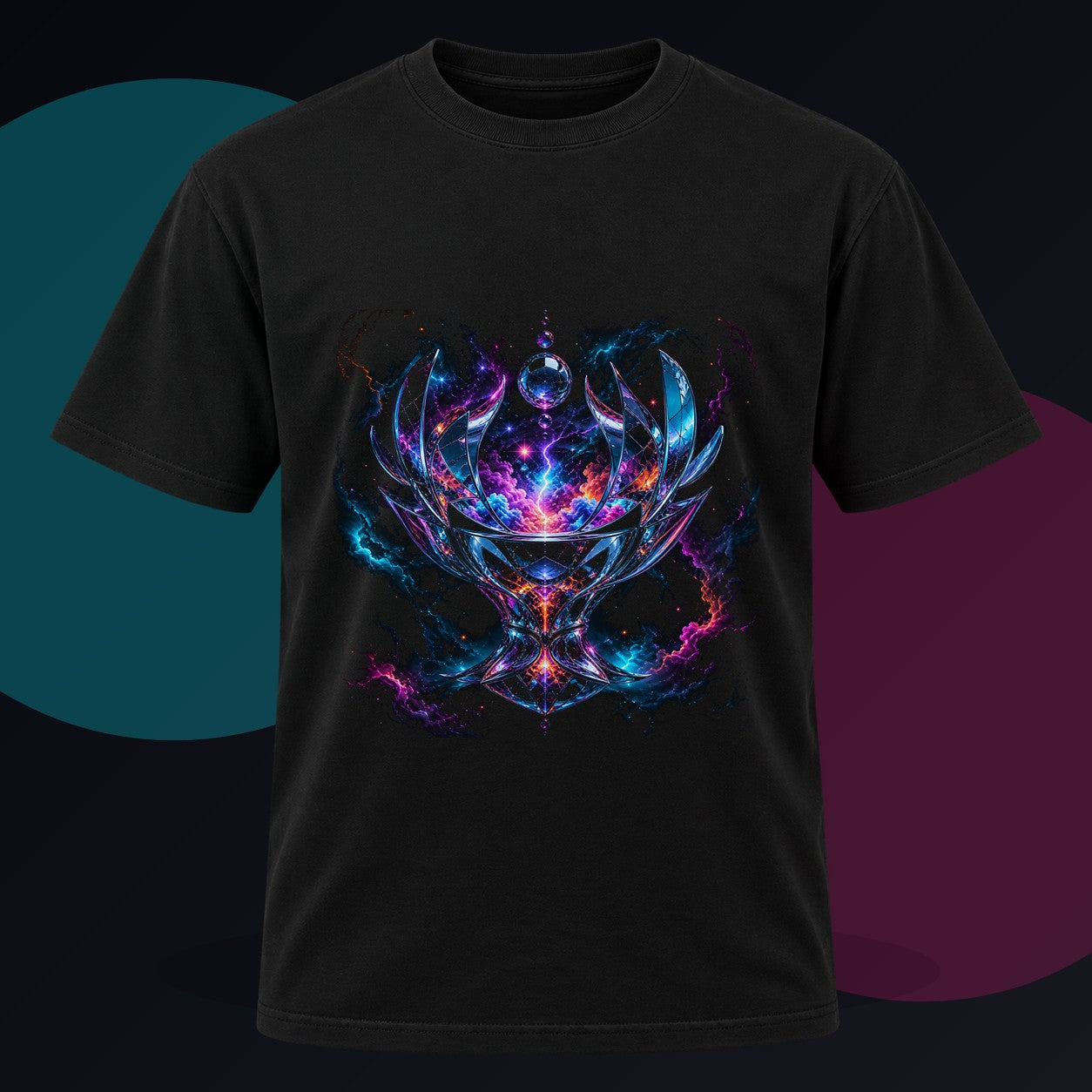 Mirrorstorm Vessel original KOSVYRE design on a black graphic tee against a graphite studio background