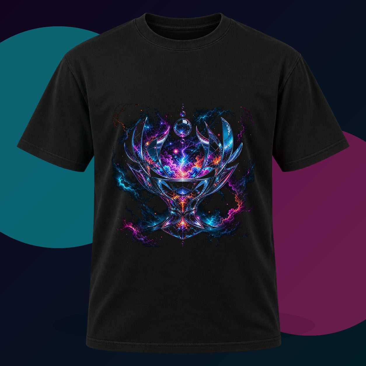 Mirrorstorm Vessel original KOSVYRE design on a black graphic tee with cyan and violet studio lighting