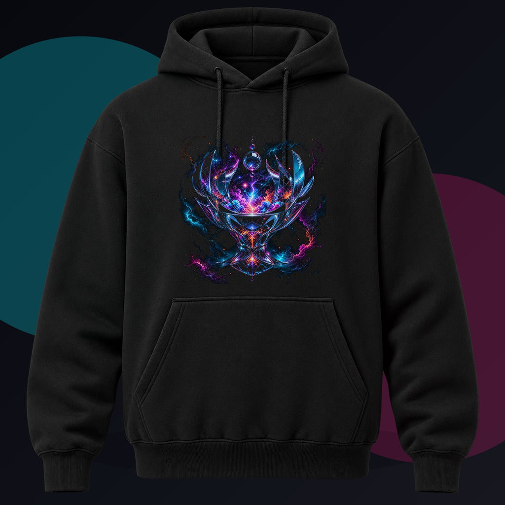 Mirrorstorm Vessel original KOSVYRE design on a black hoodie against a graphite studio background