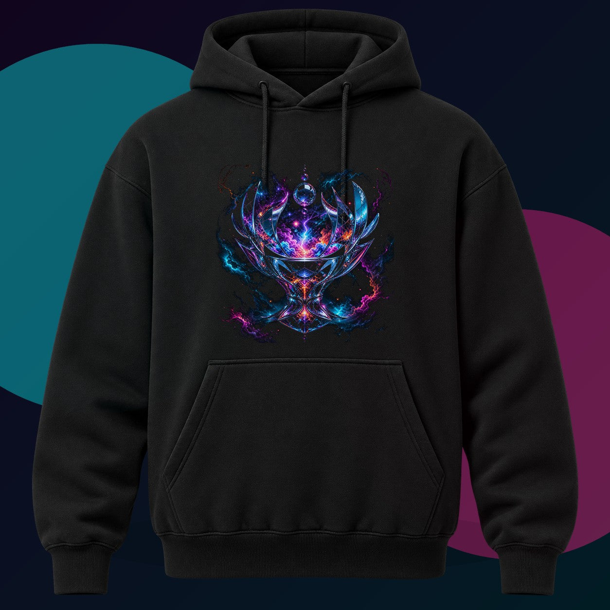 Mirrorstorm Vessel original KOSVYRE design on a black hoodie with cyan and violet studio lighting