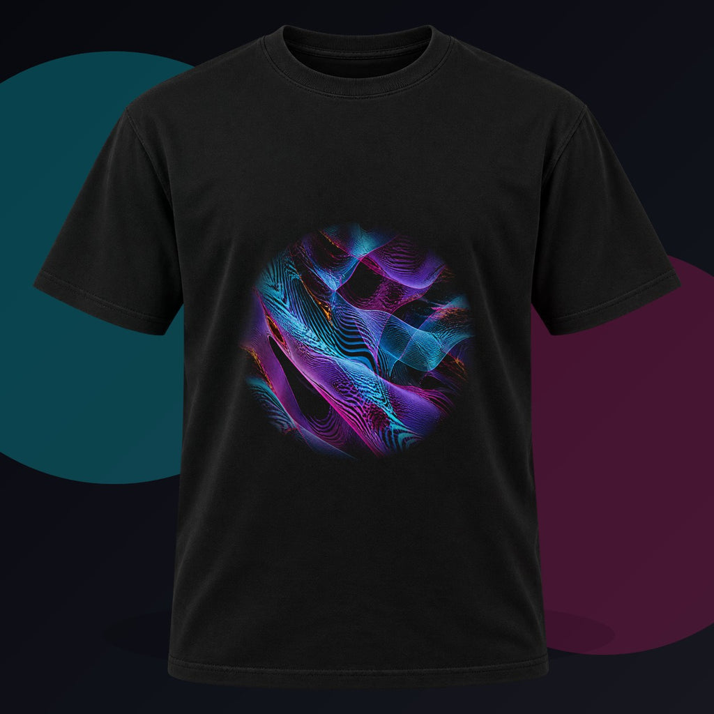 Moire Frost Relay original KOSVYRE design on a black graphic tee against a graphite studio background