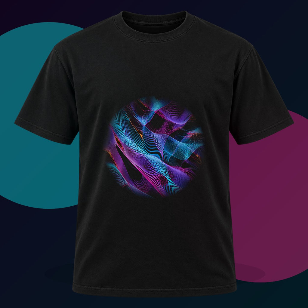 Moire Frost Relay original KOSVYRE design on a black graphic tee with cyan and violet studio lighting
