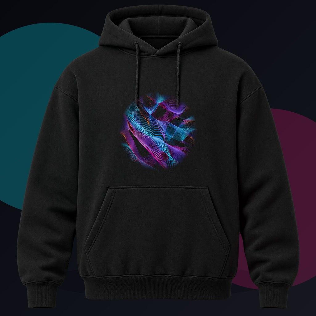 Moire Frost Relay original KOSVYRE design on a black hoodie against a graphite studio background