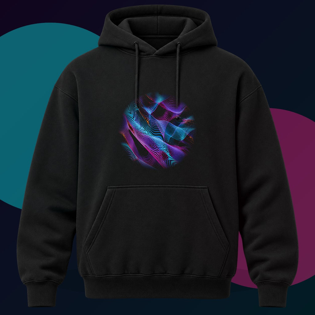 Moire Frost Relay original KOSVYRE design on a black hoodie with cyan and violet studio lighting