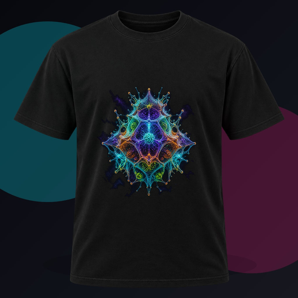 Molecular Mirage original KOSVYRE design on a black graphic tee against a graphite studio background