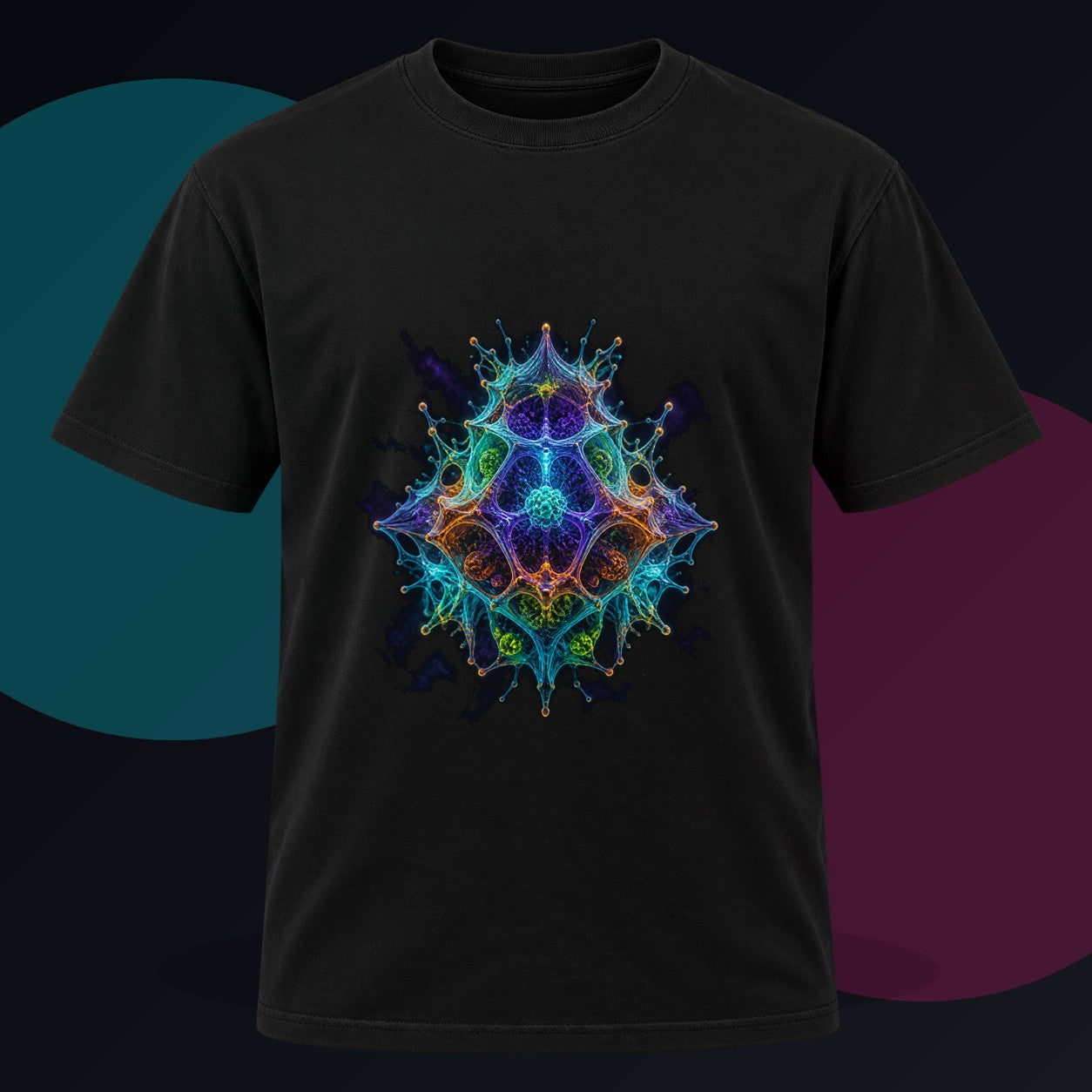 Molecular Mirage original KOSVYRE design on a black graphic tee against a graphite studio background