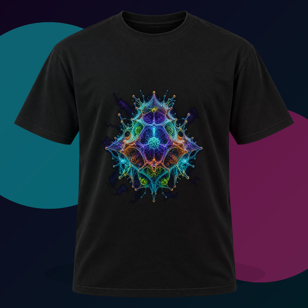 Molecular Mirage original KOSVYRE design on a black graphic tee with cyan and violet studio lighting