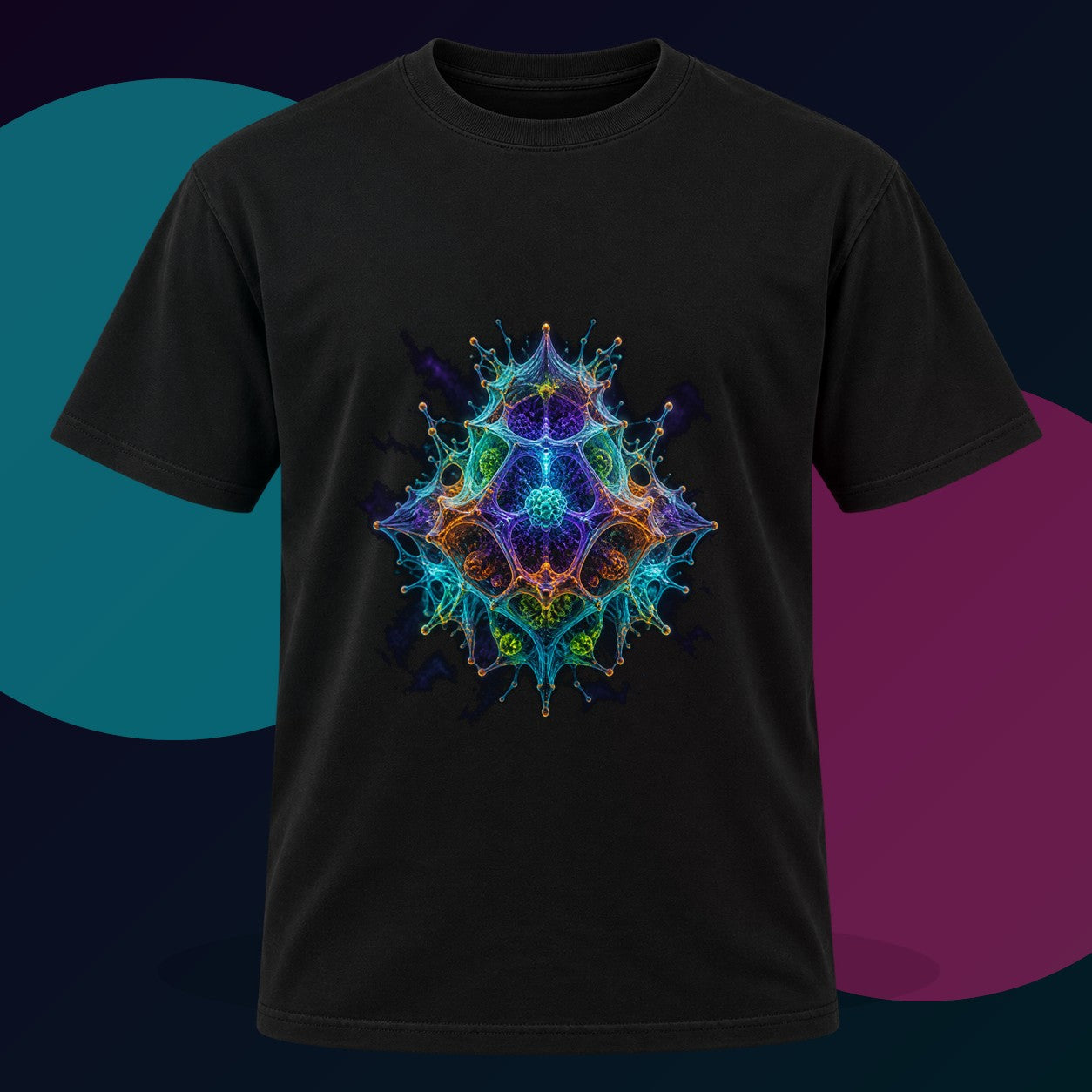 Molecular Mirage original KOSVYRE design on a black graphic tee with cyan and violet studio lighting
