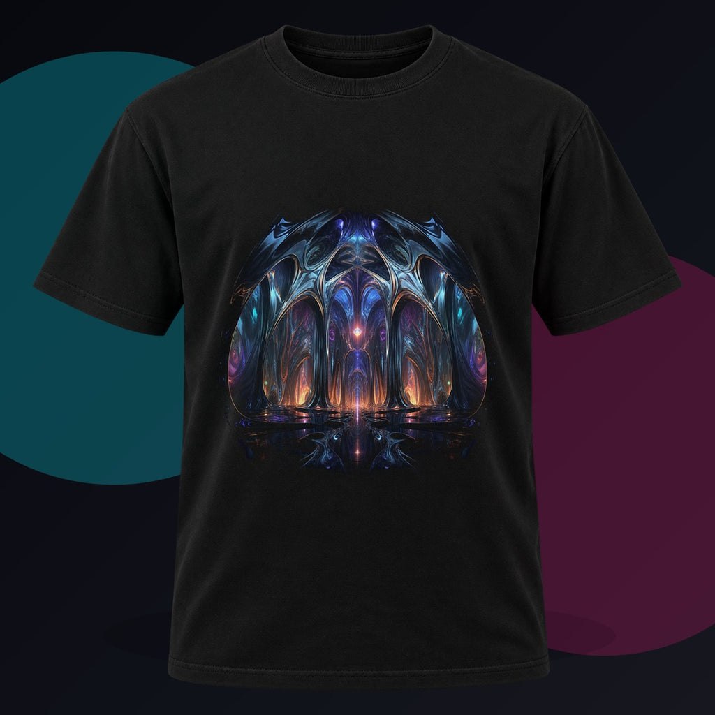 Molten Cathedral original KOSVYRE design on a black graphic tee against a graphite studio background