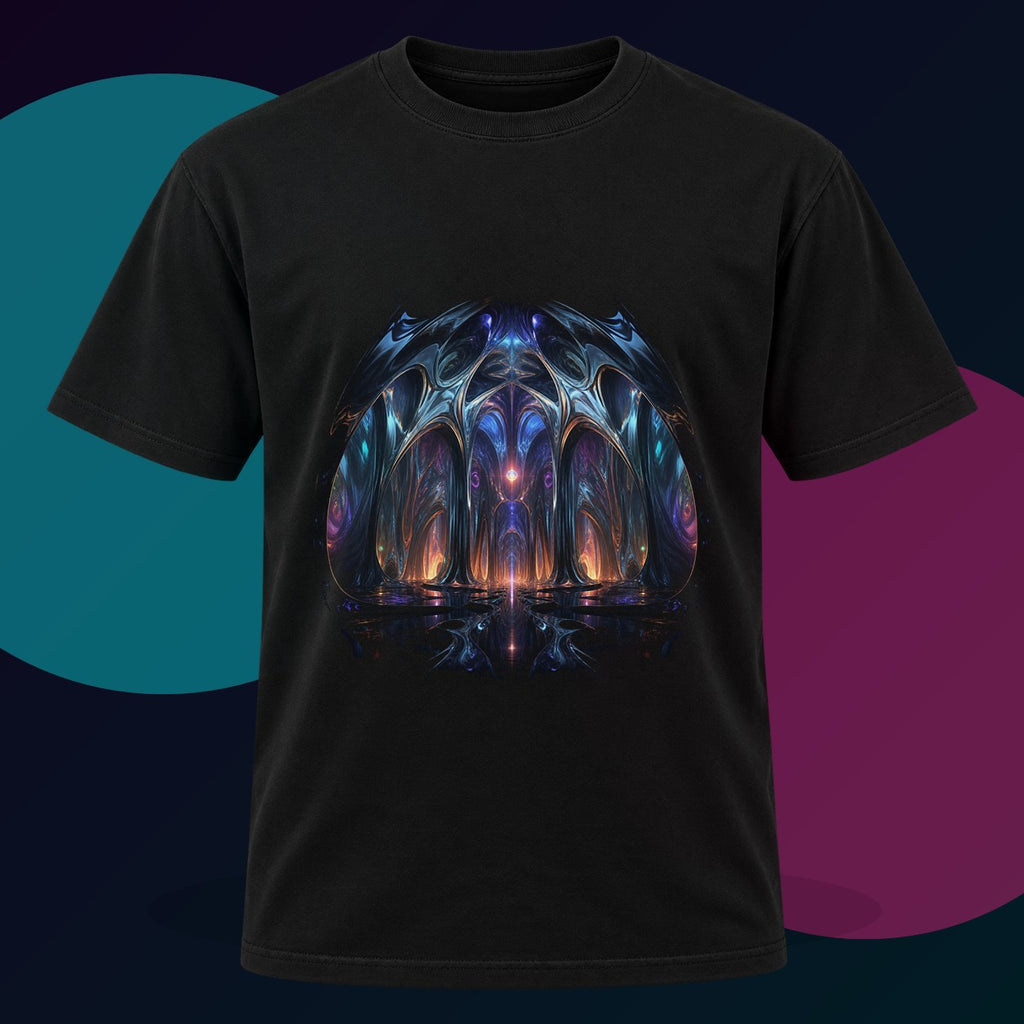 Molten Cathedral original KOSVYRE design on a black graphic tee with cyan and violet studio lighting
