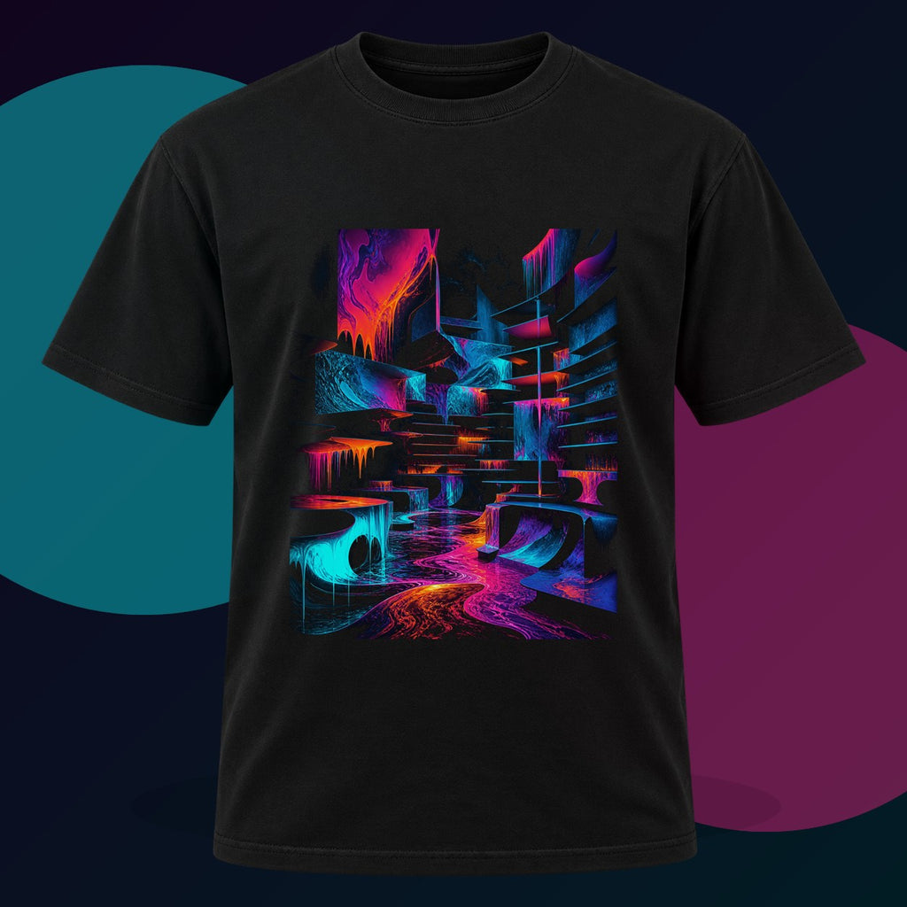 Molten Index Chamber original KOSVYRE design on a black graphic tee with cyan and violet studio lighting