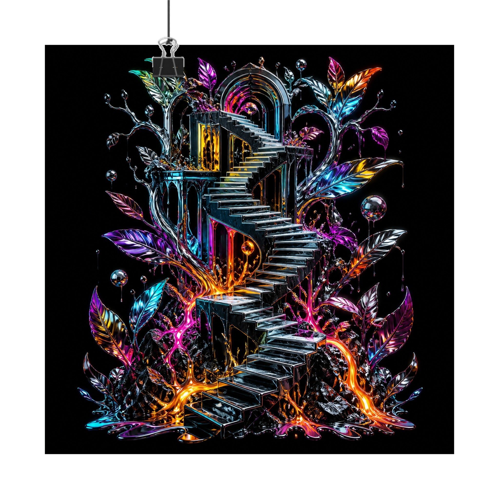 Molten Stairwell Garden original KOSVYRE art print displayed with binder clips