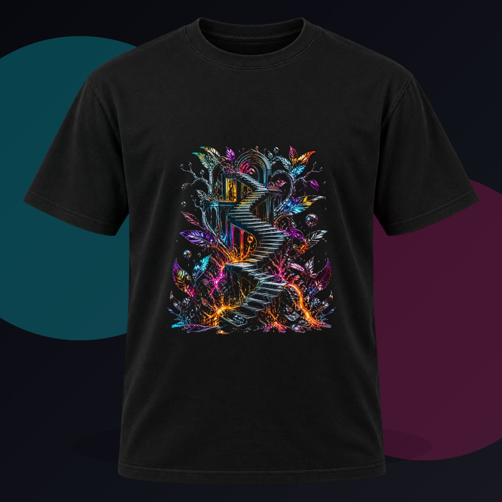 Molten Stairwell Garden original KOSVYRE design on a black graphic tee against a graphite studio background