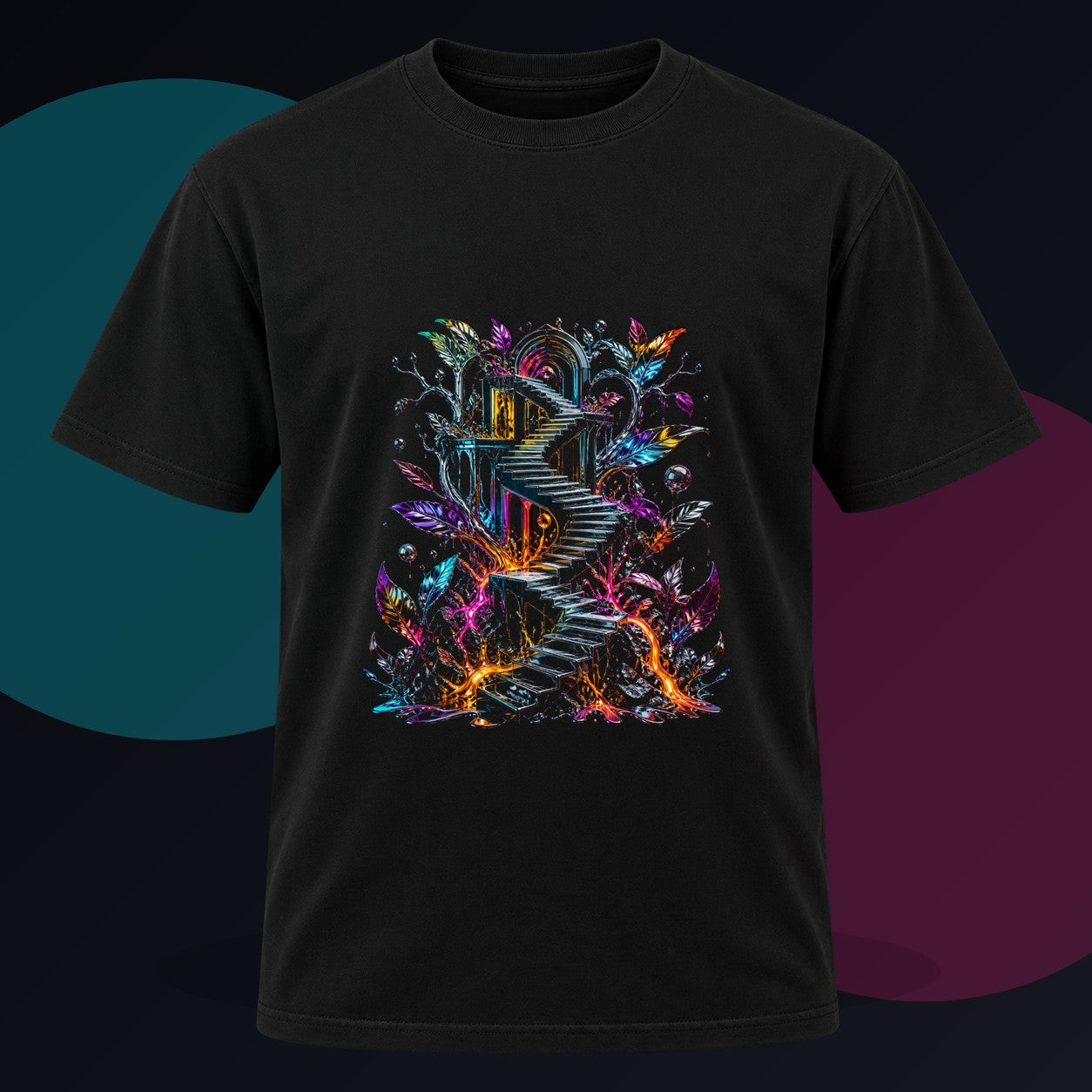 Molten Stairwell Garden original KOSVYRE design on a black graphic tee against a graphite studio background