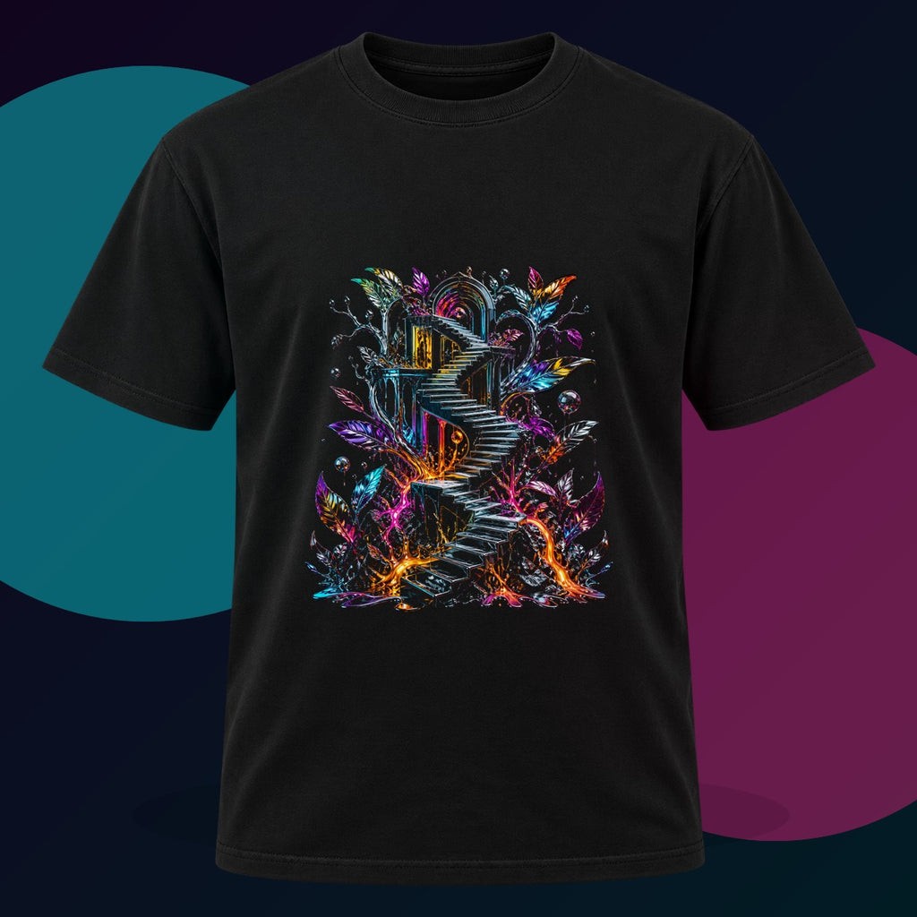 Molten Stairwell Garden original KOSVYRE design on a black graphic tee with cyan and violet studio lighting