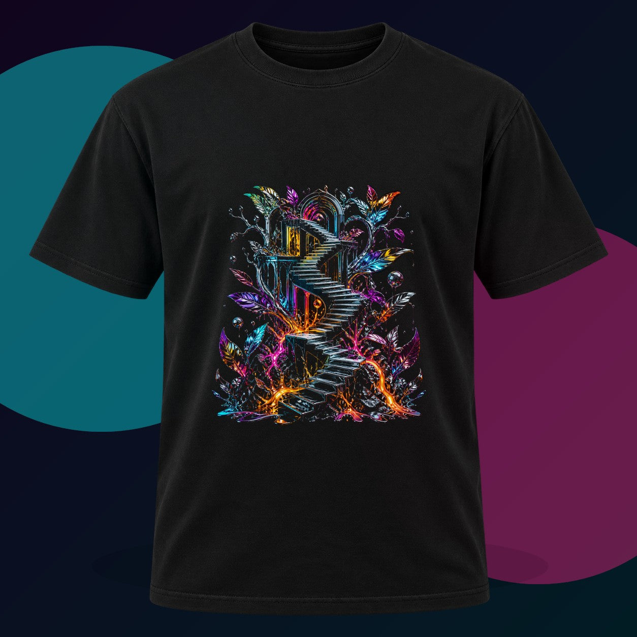 Molten Stairwell Garden original KOSVYRE design on a black graphic tee with cyan and violet studio lighting