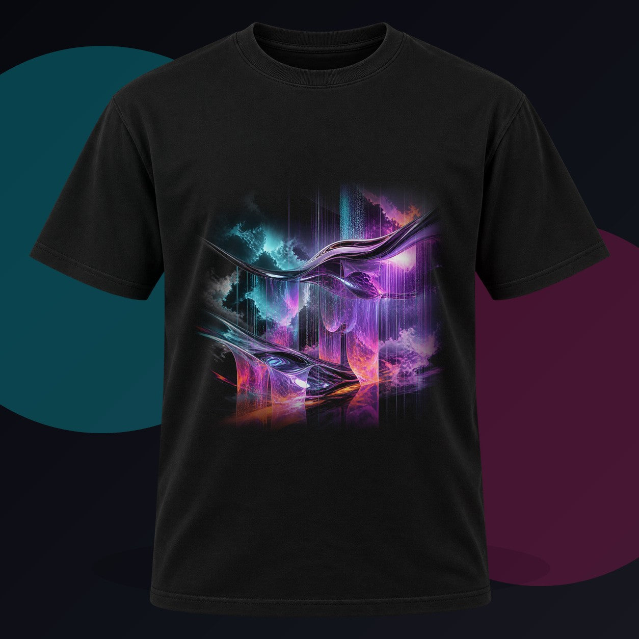 Molten Weather Loom original KOSVYRE design on a black graphic tee against a graphite studio background