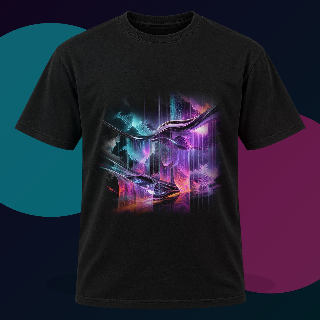 Molten Weather Loom original KOSVYRE design on a black graphic tee with cyan and violet studio lighting