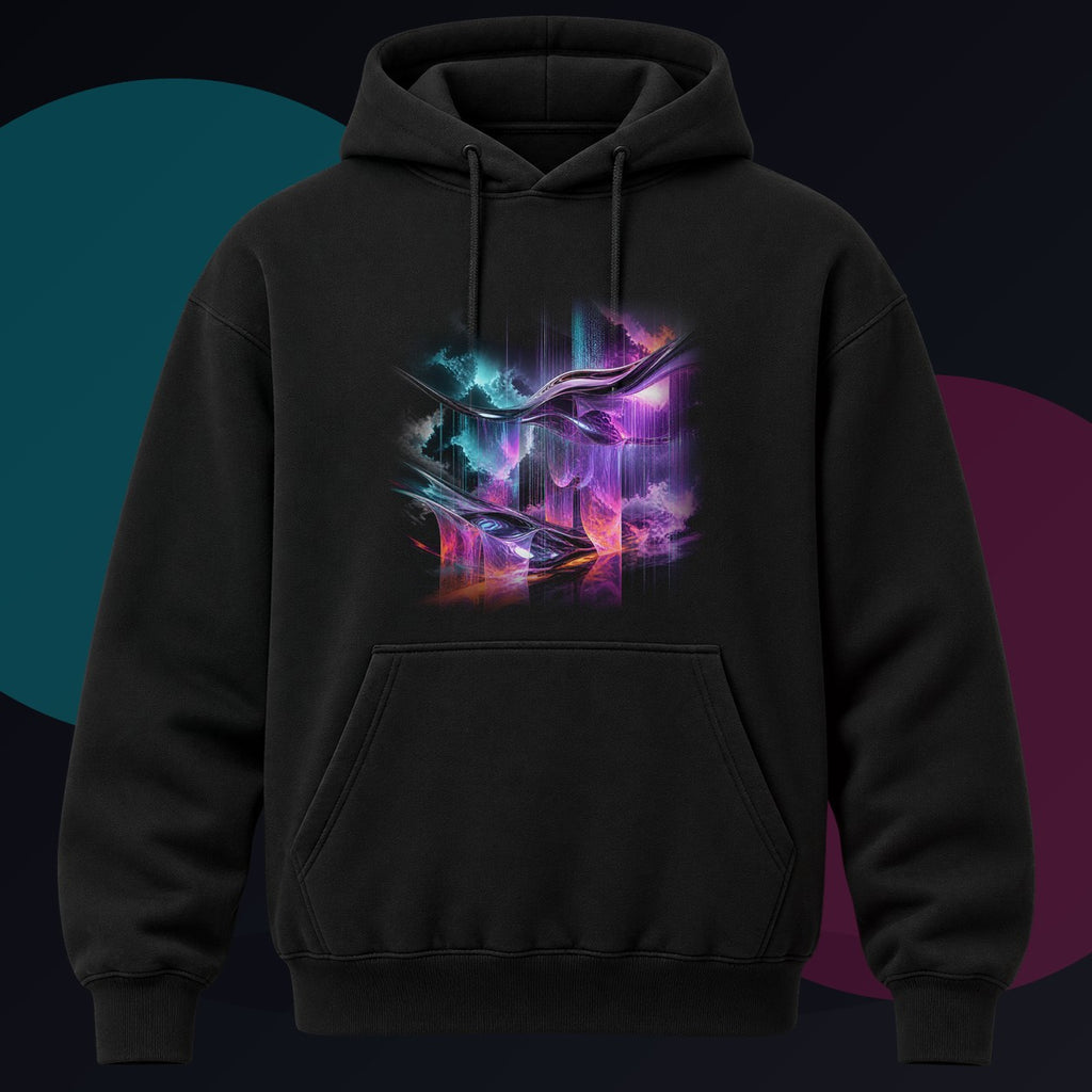 Molten Weather Loom original KOSVYRE design on a black hoodie against a graphite studio background