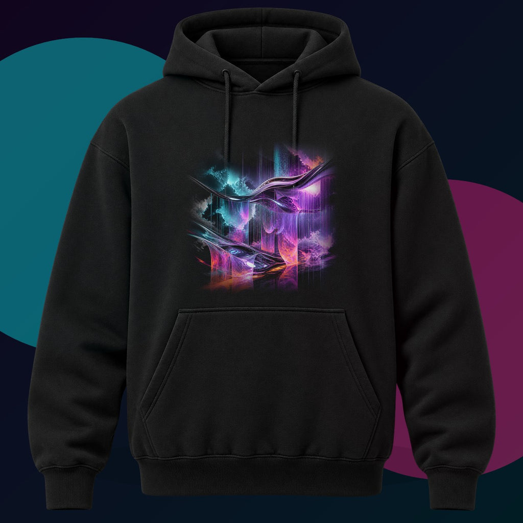 Molten Weather Loom original KOSVYRE design on a black hoodie with cyan and violet studio lighting