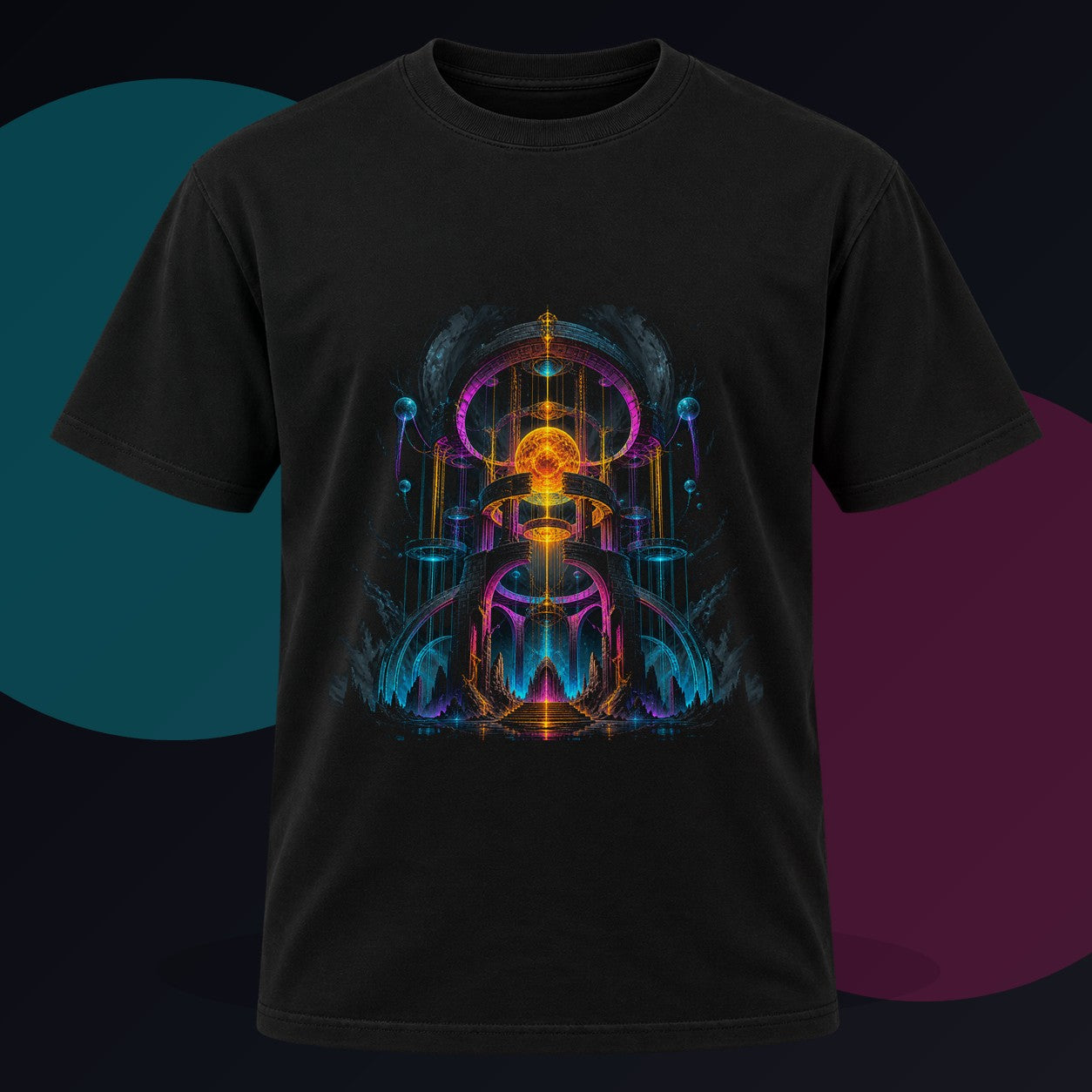Monument of Borrowed Light original KOSVYRE design on a black graphic tee against a graphite studio background
