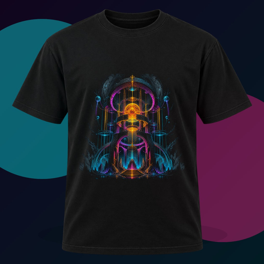 Monument of Borrowed Light original KOSVYRE design on a black graphic tee with cyan and violet studio lighting