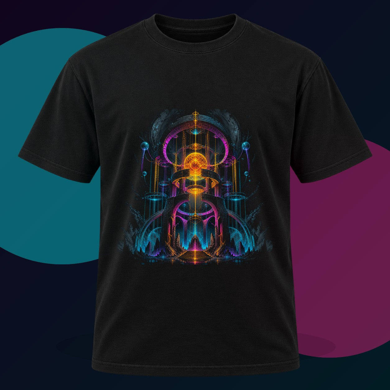 Monument of Borrowed Light original KOSVYRE design on a black graphic tee with cyan and violet studio lighting