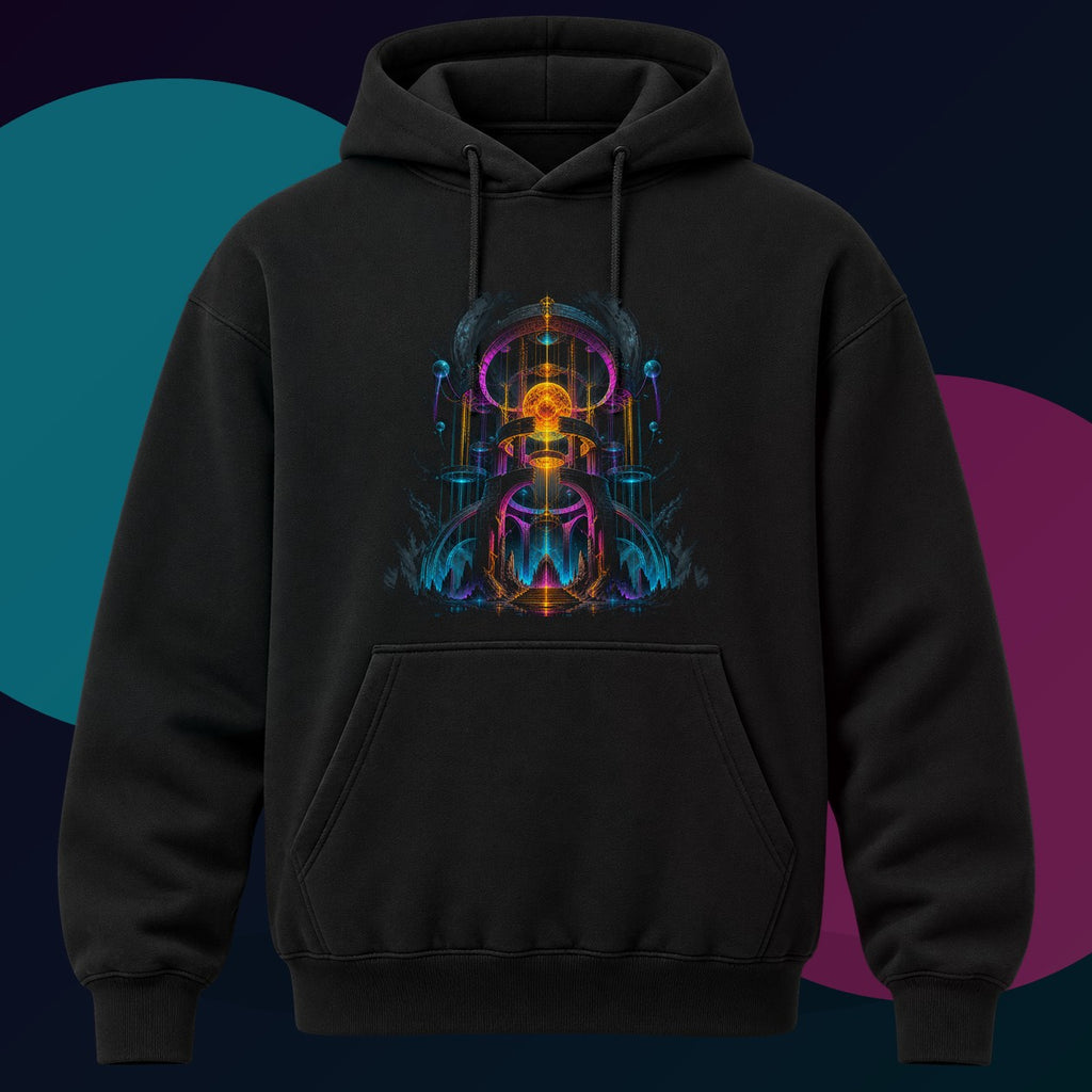 Monument of Borrowed Light original KOSVYRE design on a black hoodie with cyan and violet studio lighting