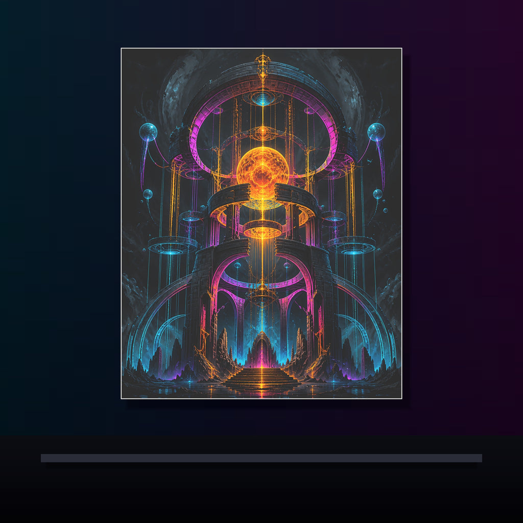 Monument of Borrowed Light original KOSVYRE poster displayed in a dark psychedelic gallery setting