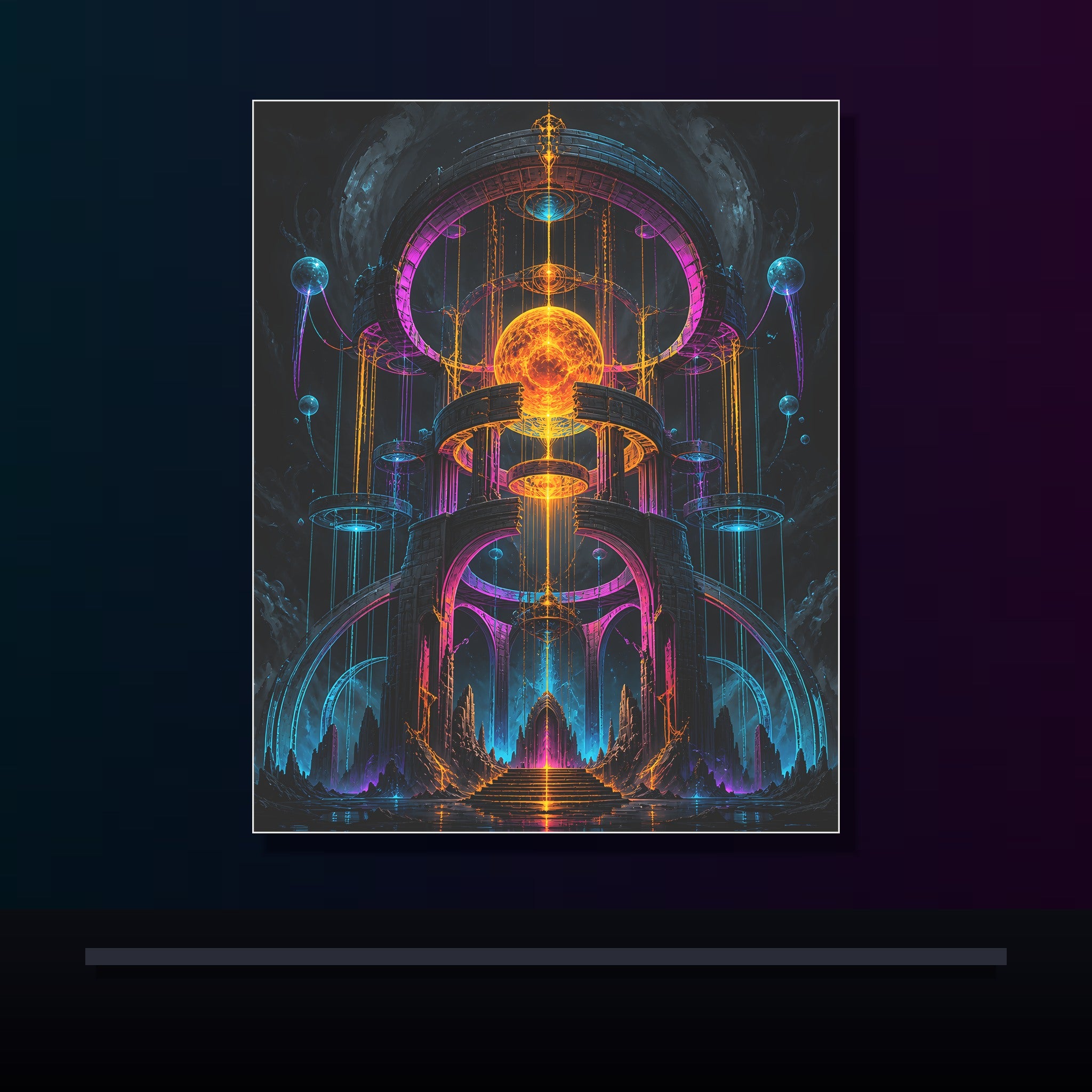 Monument of Borrowed Light original KOSVYRE poster displayed in a dark psychedelic gallery setting