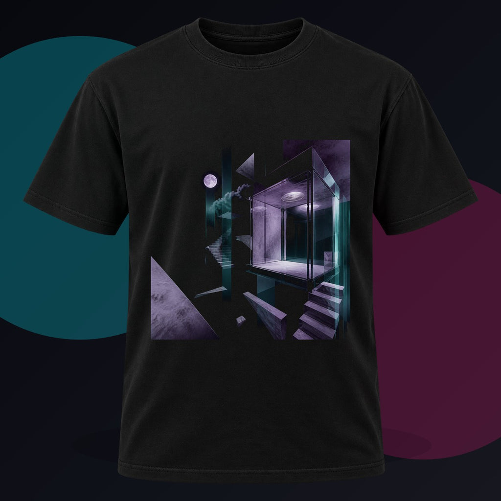 Moonlit Null Elevator original KOSVYRE design on a black graphic tee against a graphite studio background