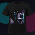 Moonlit Null Elevator original KOSVYRE design on a black graphic tee against a graphite studio background