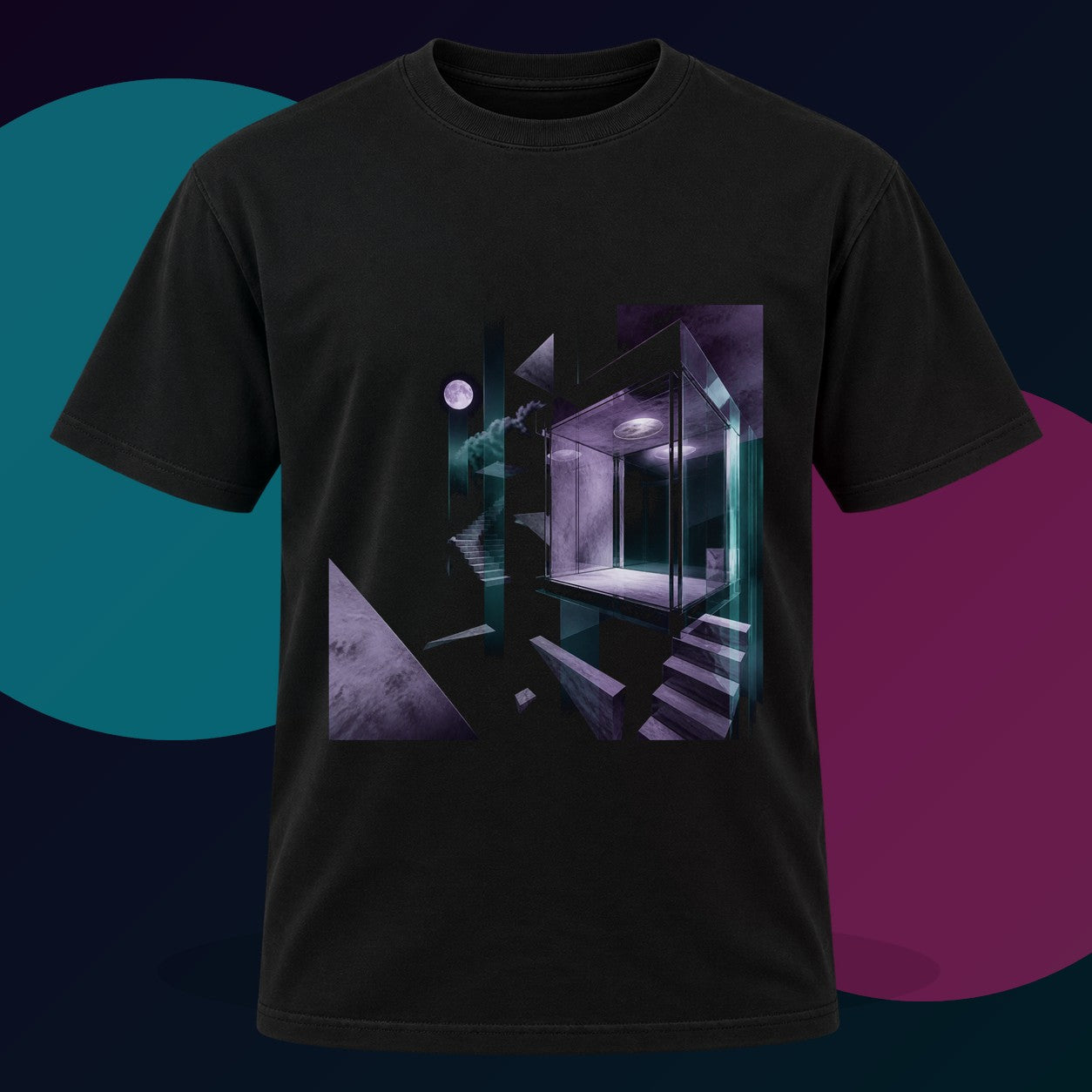 Moonlit Null Elevator original KOSVYRE design on a black graphic tee with cyan and violet studio lighting