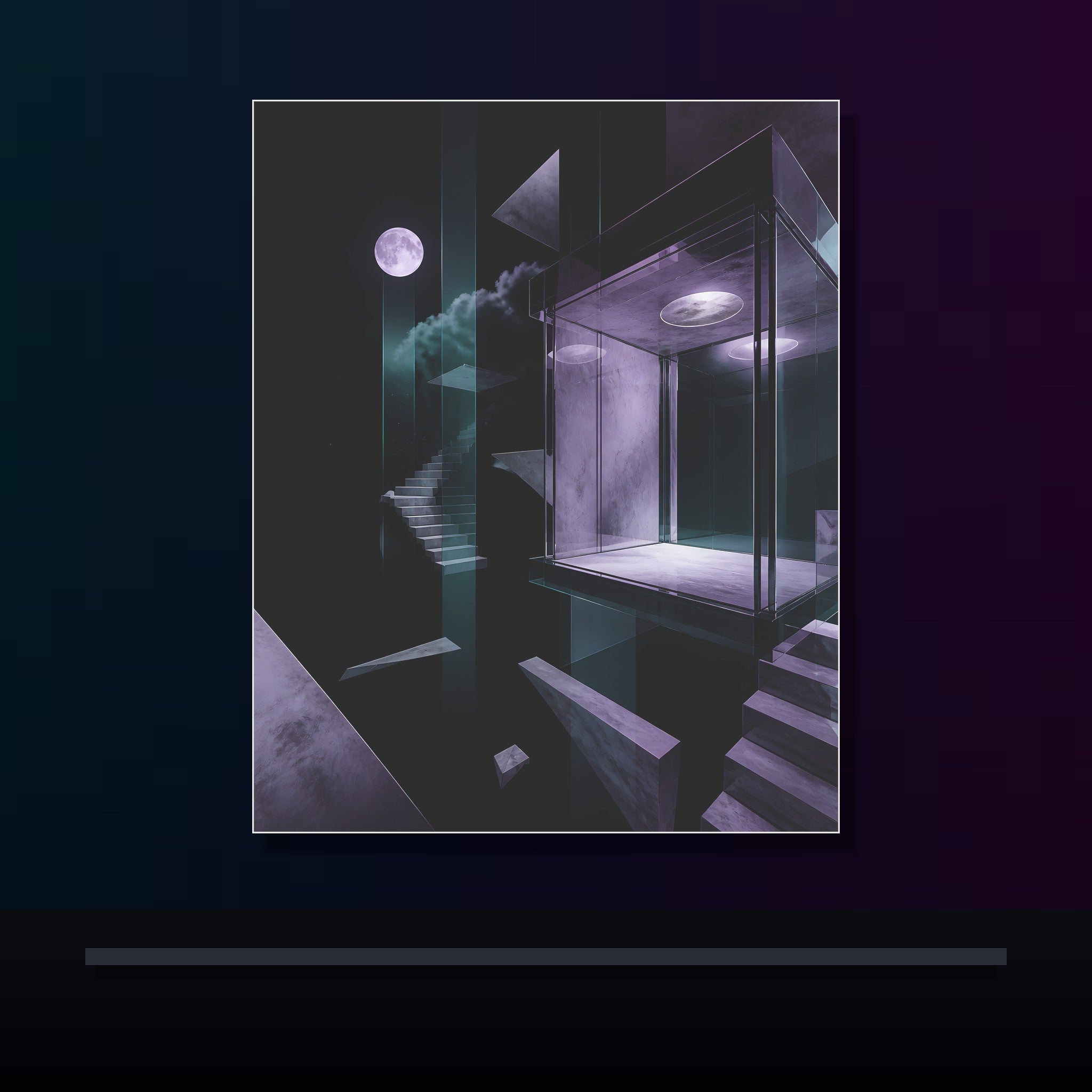 Moonlit Null Elevator original KOSVYRE poster displayed in a dark psychedelic gallery setting