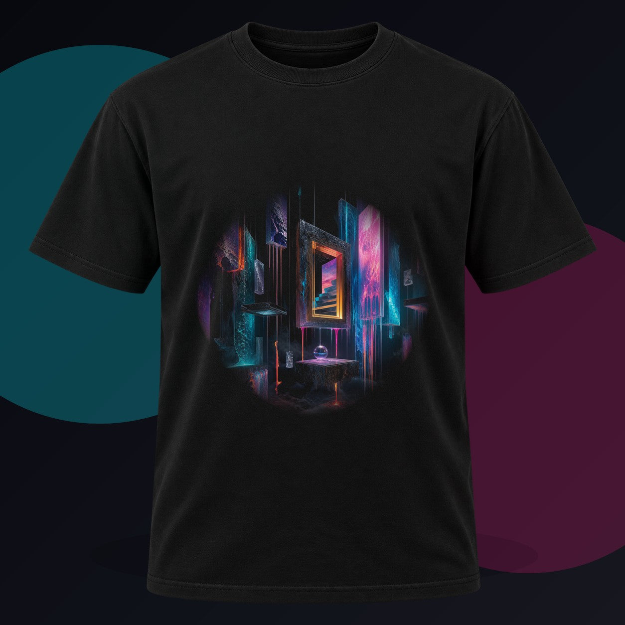 Museum of Falling Light original KOSVYRE design on a black graphic tee against a graphite studio background