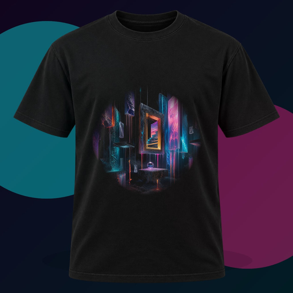 Museum of Falling Light original KOSVYRE design on a black graphic tee with cyan and violet studio lighting
